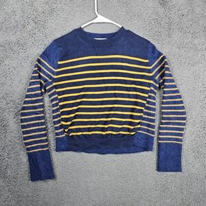 La Ligne Navy Blue Yellow Striped Alpaca Cashmere Blend Cropped Sweater Large